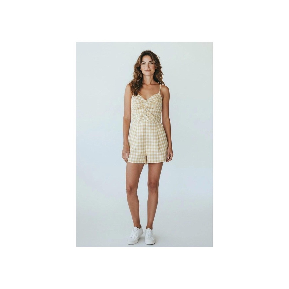 Promesa Brown Gingham Twist Front Cutout Romper Small NWT‎